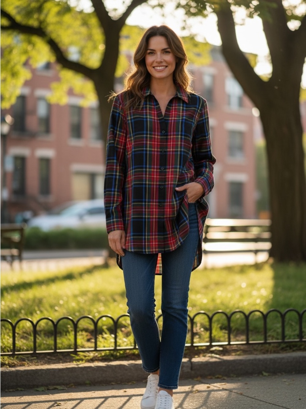 Foxcroft for Appleseed’s Plaid Wrinkle Free Tunic Shirt Size 14 Shaped